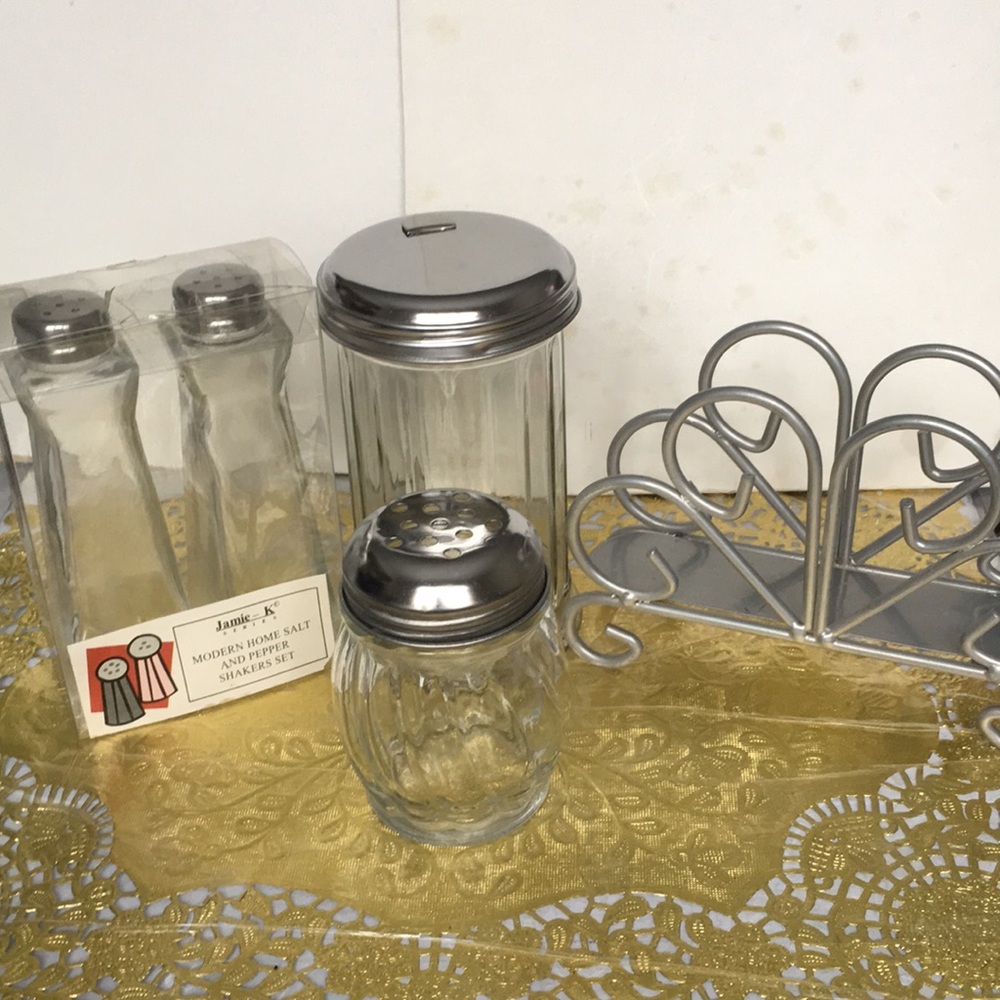 NWT & NWOT Salt & Pepper, Sugar shaker, cheese shaker, and metal napkin holder